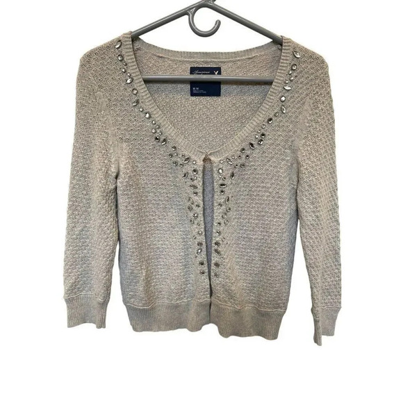 American Eagle Women’s Medium Gray Rhinestone Crochet Crop Cardigan Bejeweled Ho - Picture 4 of 6